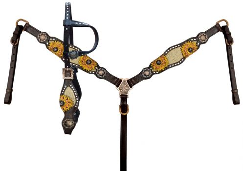 Showman One Ear Headstall &amp; Breastcollar set with burlap inlay with painted sunflower accent